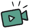 An illustrative icon of a video camera with a play button